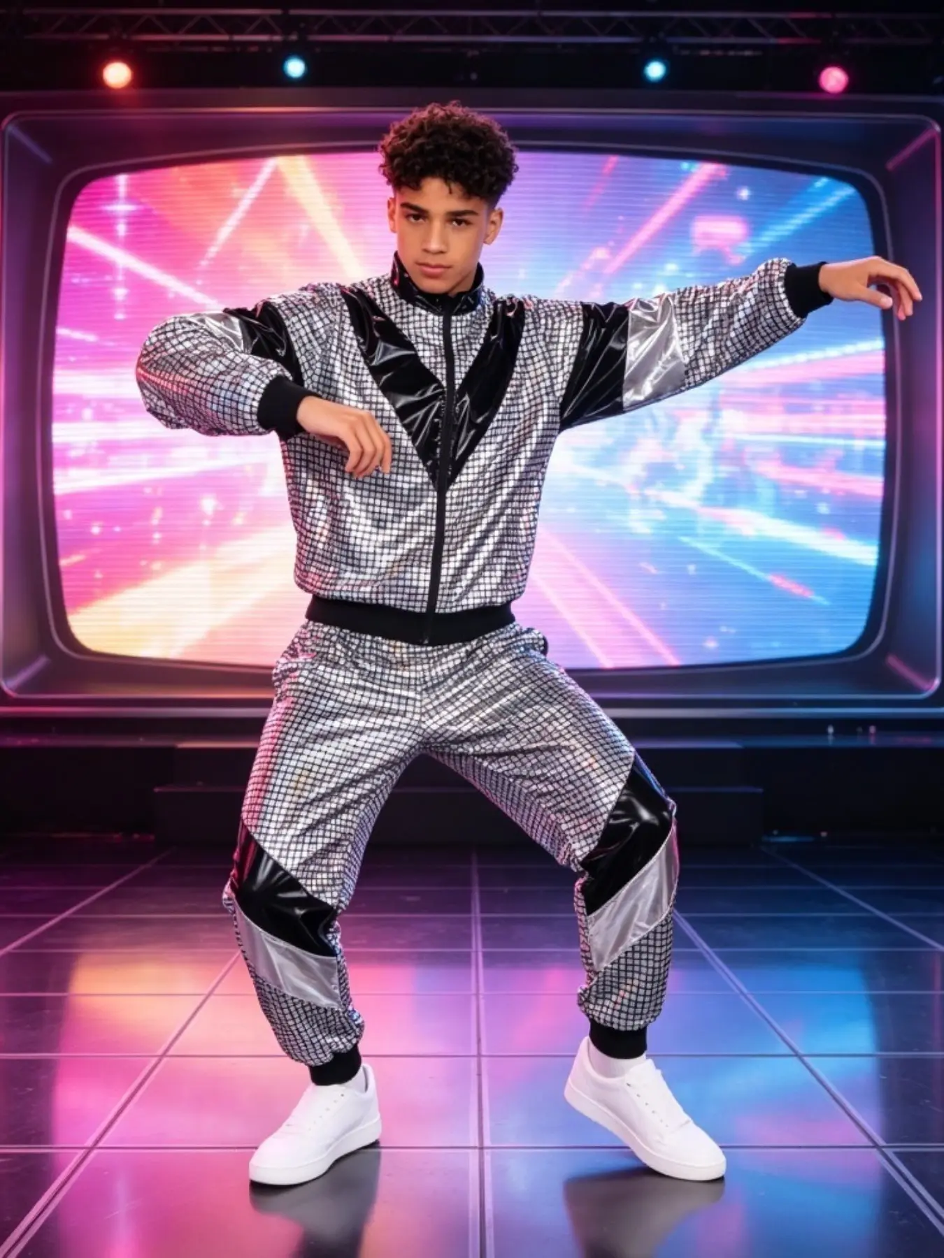 80s TV Dance Performance Sportswear Suit | Retro Jogging Suit Fluorescent Zipper Jacket + High Waist Side Striped Pants | Talent Show Party Retro Clothing