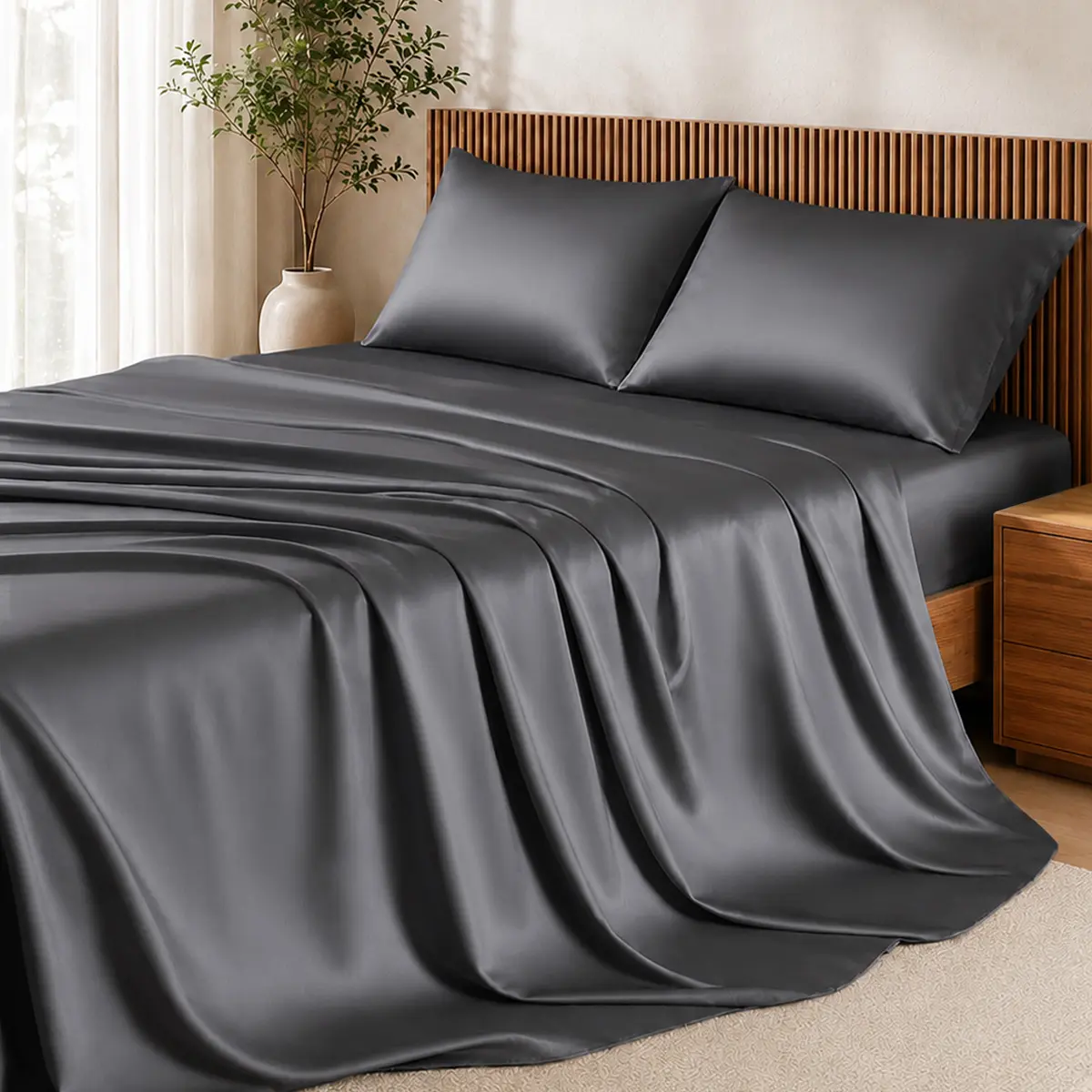 LULLUX | Bamboo Sheet Set - 4 Pc Bedding Set with 16'' Deep Pocket, Lightweight, Twill, Smooth Fitted Sheets, All-Season Cooling & Breathable, Hotel Luxury Super Silky Soft, Wrinkle & Fade Resistant, Back to School, Home Decor
