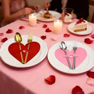 24pcs Red Heart-Shaped Tableware Bags with Compatible Holder (Not Included) Suitable for Valentine's Day, Weddings,, Parties - Felt Table Decoration for Napkins, Party Plates, Cutlery - Romantic Table Setting for s Valentine Easter