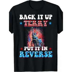 Men's Patriotic 'Back It Up Terry Put It In Reverse' T-Shirt -Retro 4th of July Design with Statue of Liberty & Fireworks, Crew Neck Short Sleeve, Durable Digital Print - Perfect for Independence Day Celebrations & Casual Wear, American Flag Accessories,