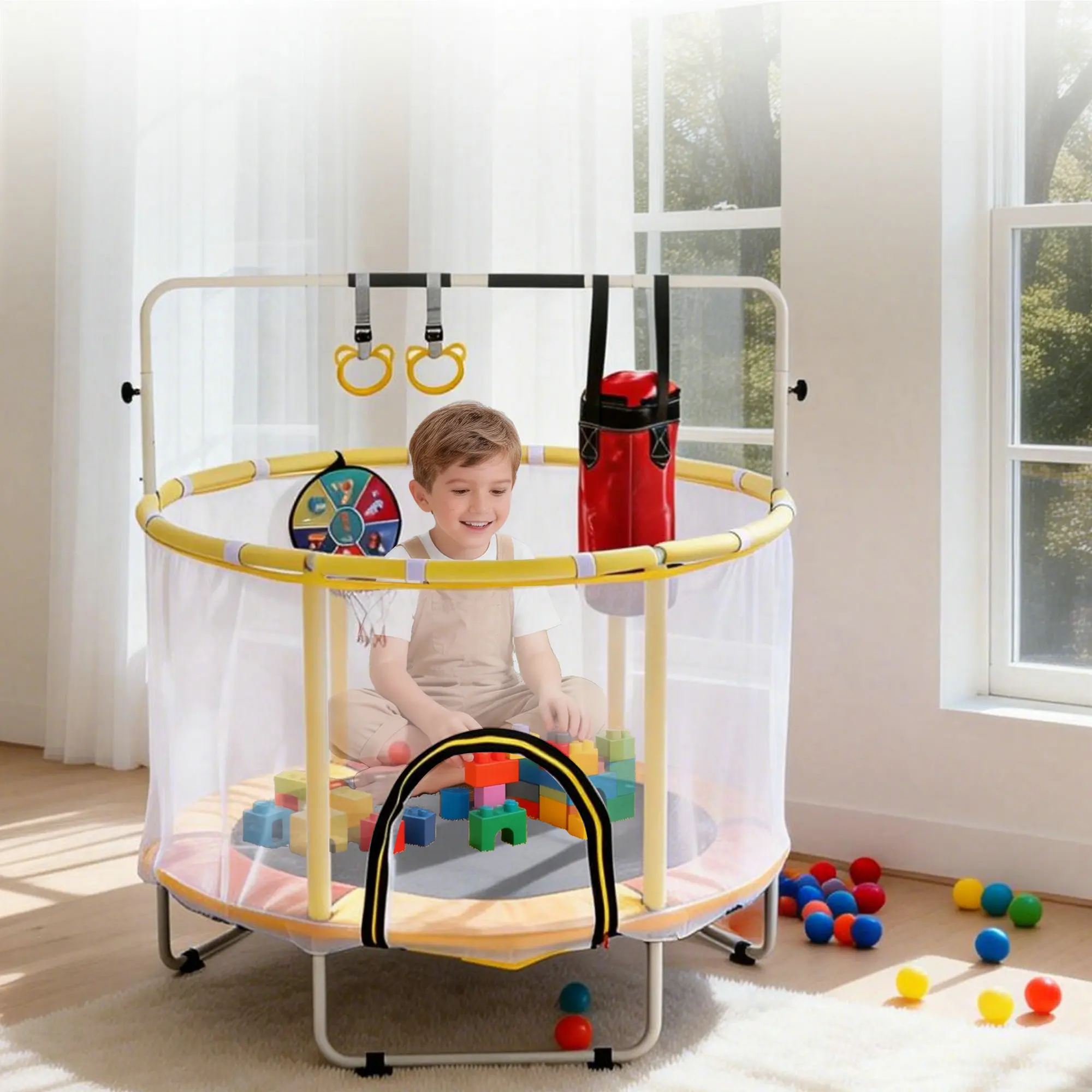 MERSCO Mini Round Trampoline for Kids with Basketball Hoop, 54'' Indoor Outdoor Toddler Trampoline with closure Net,Multi backbord , Ring, Ocean Balls, Boxing bag,Small Trampoline Gift for Boys Girls, Best Gift for Kids, Rebounder Trampoline