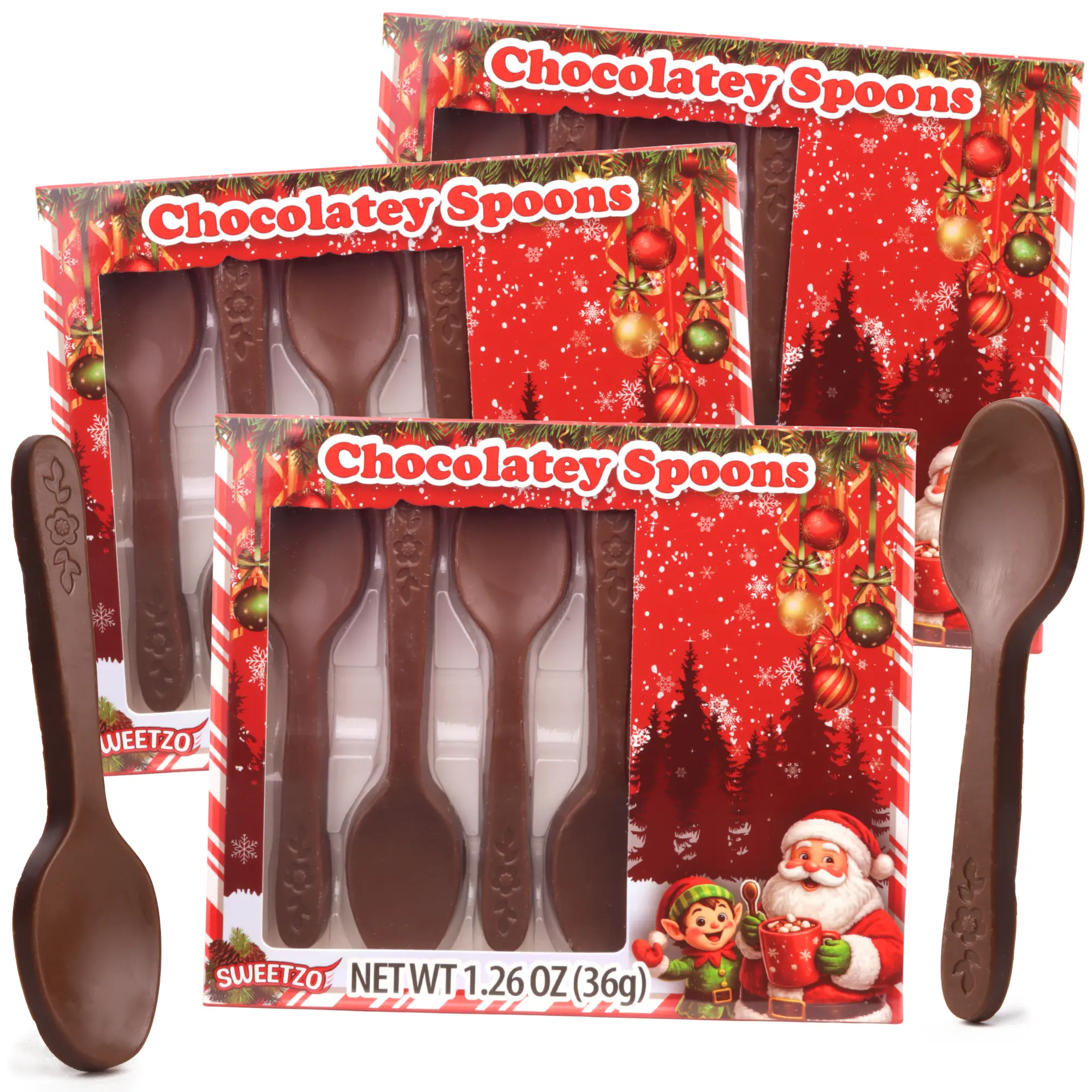 Christmas Chocolatey Candy Spoons, Hot Cocoa Stirrers, Stocking Stuffers, 4 Spoons Per Box, 3 Pack