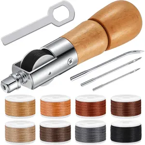 12 count Leather Sewing Awl Hand Stitcher with Craft Accessories Set, Hand Awl Tool, 3 Sizes  and Replacement Spools of Thread, Stitching Tool Kit(Elegant Color)