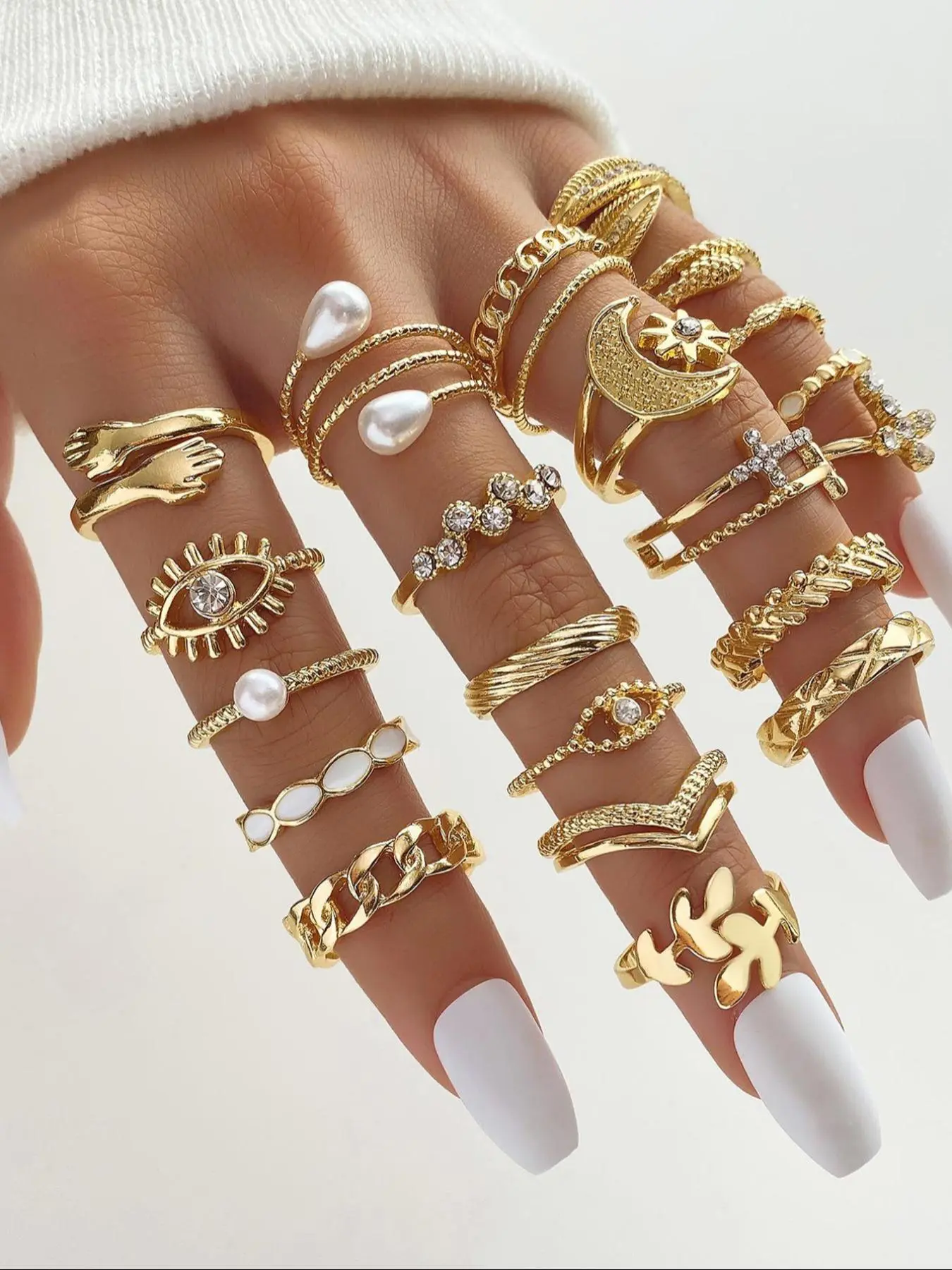 Fashion Vintage Hollow out Rhinestone & Faux Pearl Decorated Ring, Casual Flower & Leaf & Moon Design Rings Jewelry for Party, Daily Clothing Decor Stacking Ring Set, Stackable Finger Rings