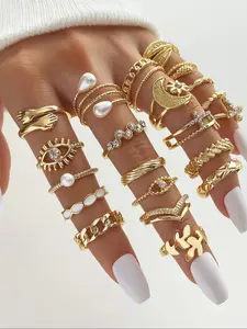 Fashion Vintage Hollow out Rhinestone & Faux Pearl Decorated Ring, Casual Flower & Leaf & Moon Design Rings Jewelry for Party, Daily Clothing Decor for Girl, Boho Style Rings