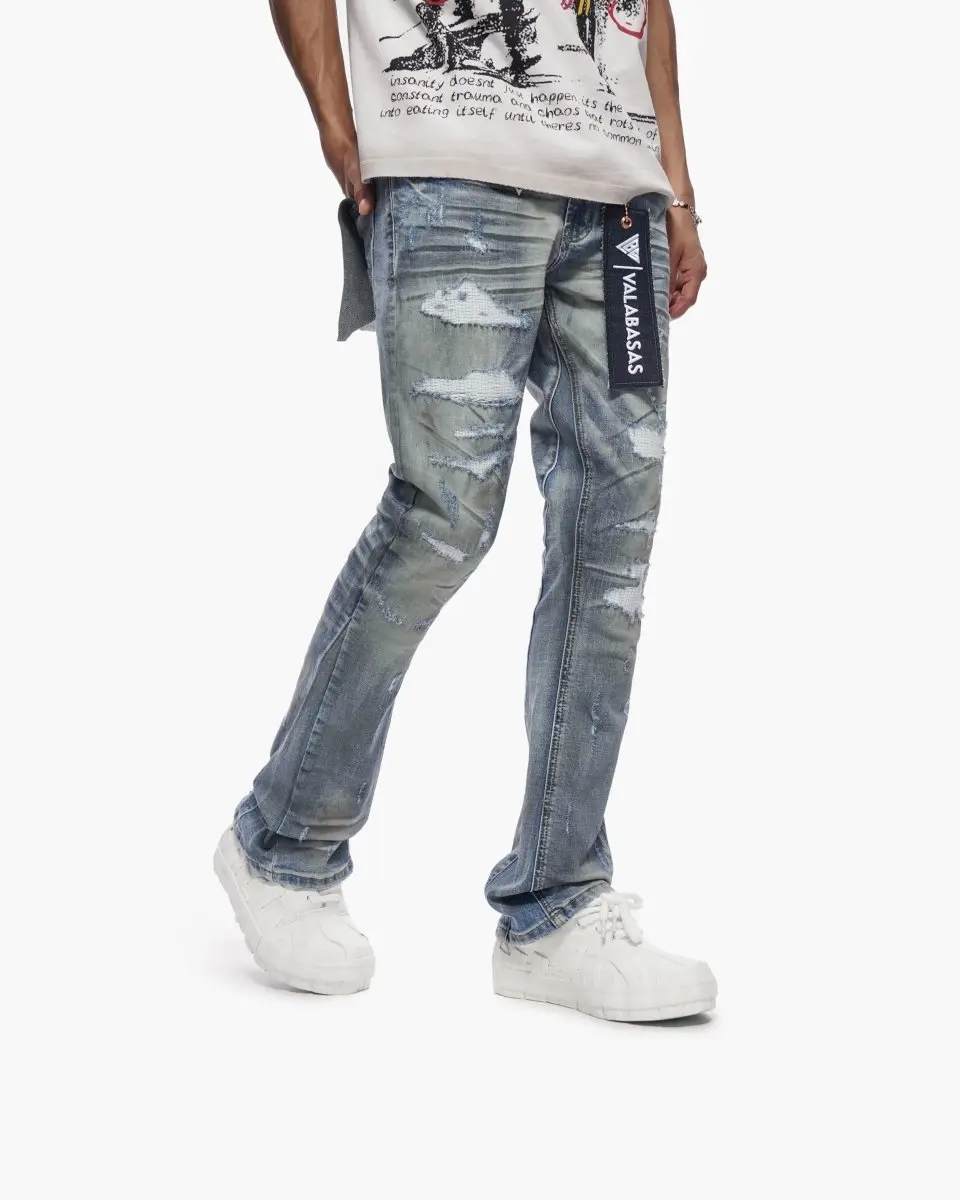 Men's Graft Stacked Dirty Wash Denim Blue Jeans - Casual Rugged Menswear Streetwear Bottoms Ideal for Sneaker Pairing, Cold Wash, Hang Dry or Tumble Dry, Sneakers, Pants