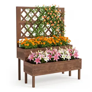 2-Tier Wooden Raised Garden Bed with Trellis – Elevated Planter Box with Legs & Drainage – Vertical Flower & Herb Stand for Patio, Balcony & Backyard