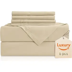Luxury Soft Bed Sheet Set, 6 Piece,Full Size, Fits 16 inch Deep, Wrinkle Free & Breathable Cooling, Beige Bedding Sheets (Fitted Sheet, Flat Sheet, Pillowcases)