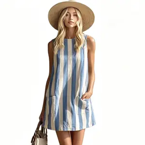 Women's Retro Striped Polyester Sleeveless Round Neck Short Dress - Comfortable, Daily, Shorty, Strap-Free, Travel-Friendly Casual Dresses, Lightweight Fabric, Pull-On Design, for Everyday Outings, Summer Vacations, Comfortable Casual Dresses