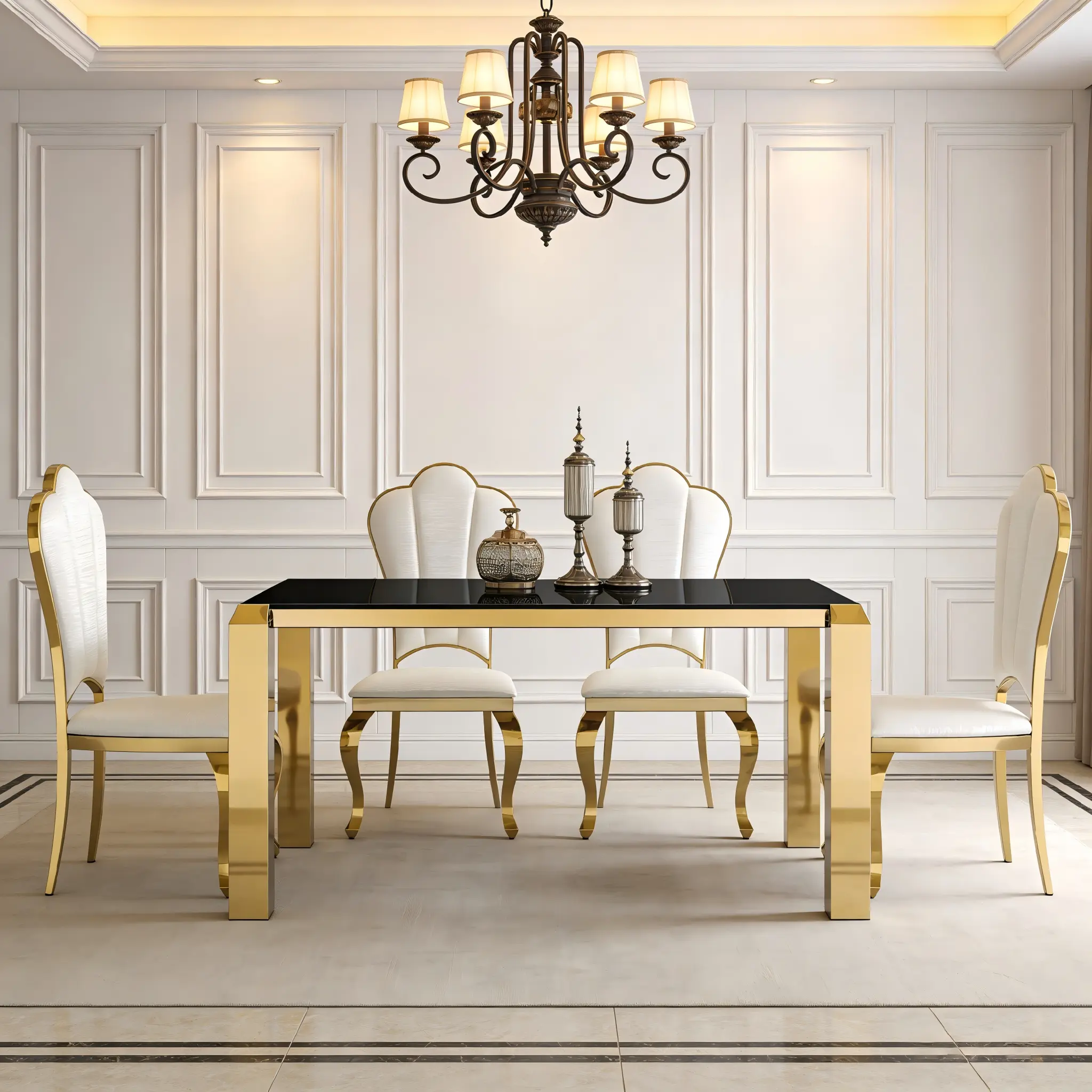 69.22'' Gold Dining Table for 6-8 Modern Rectangle Kitchen Table with Black Tempered Glass Top and Golden Mirror Stainless Steel Legs Great Size Table for Dinner Easy to Assemble and Clean Large Tables for Home Office Appartment(Only Table)