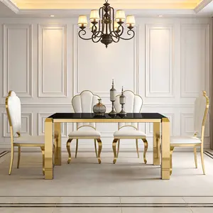 69.22'' Gold Dining Table for 6-8 Modern Rectangle Kitchen Table with Black Tempered Glass Top and Golden Mirror Stainless Steel Legs Great Size Table for Dinner Easy to Assemble and Clean Large Tables for Home Office Appartment(Only Table)