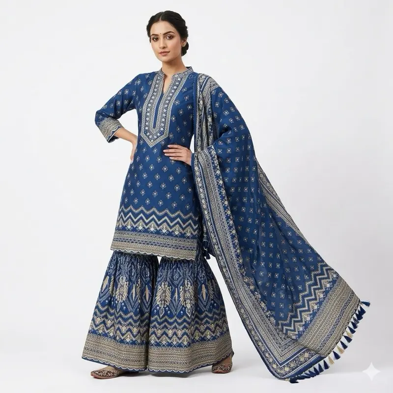 Women's Original Ethnic Printed Casual Summer Dress - Blue, Intricate Designs, Matching Dupatta, Casual Boho Elegant Lady Clothes, Long Sleeve, Long Length