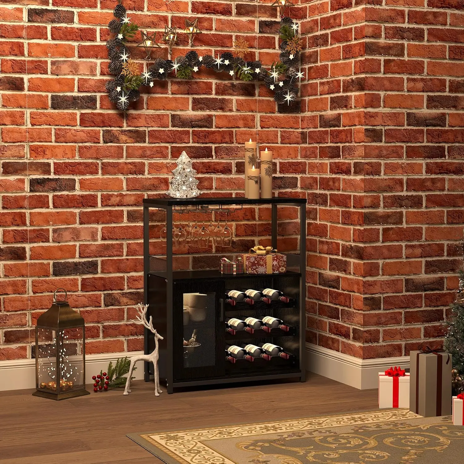 Industrial Chic MDF Board Cabinet with Metal Frame - Sturdy, Durable, Adjustable, Compact, Magnetic Self-Locking Mesh Doors, Detachable Rack, Glass Holder, 27.2"w x 13.8"d x 36.2"h, Assembly Required, Multi-Functional Storage for Living Room, Kitchen, Ind