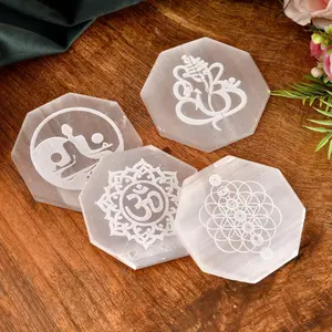 Selenite Crystal Charging Plate | Sacred Engravings: Buddha, Om, Ganesha, 7 Chakra | Transformative Energy for Home & Office