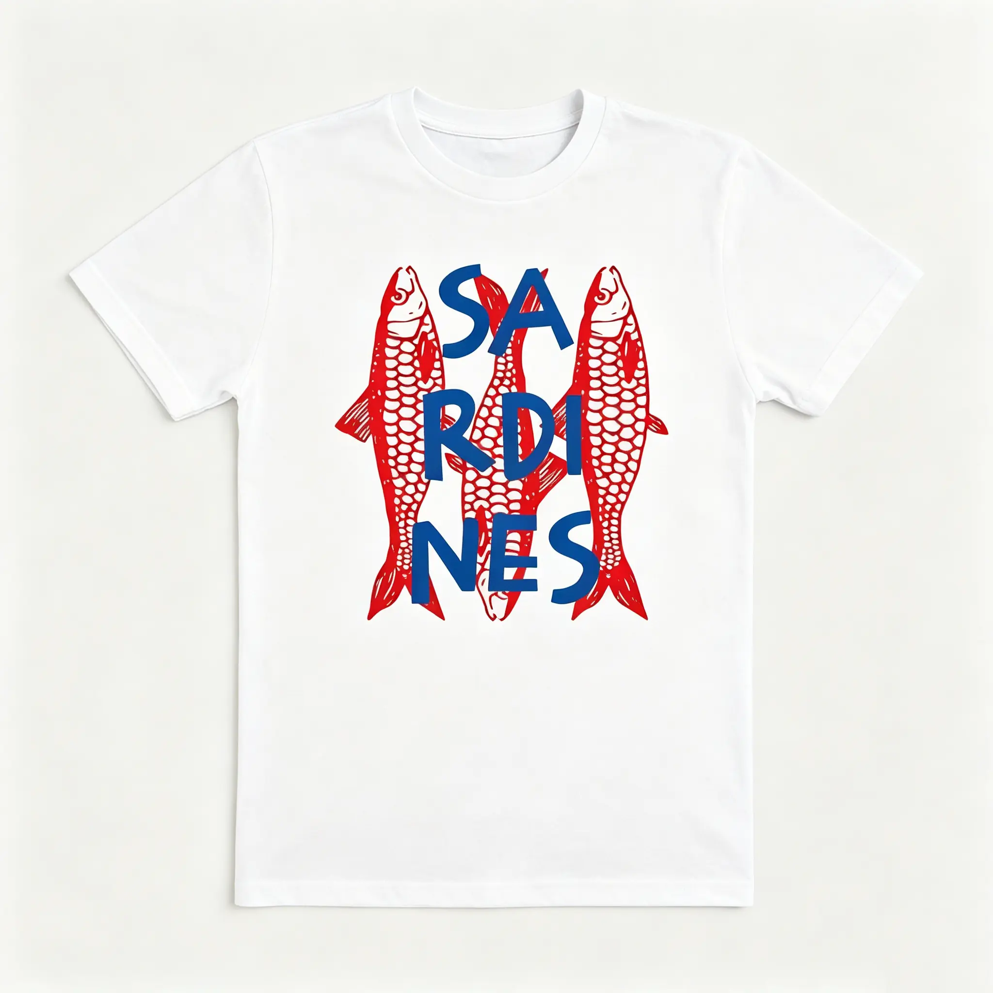 Fashionable Women T-Shirt With "Sardine" Fish Design - Short Sleeve, Crew Neck, Casual White Top,Machine Washable, Pullover T-Shirt, Stylish And Avant-Garde Top