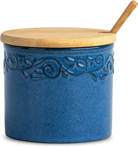 Blue Ceramic Sugar Bowl with Lid & Spoon – Sugar Container for Cubes or Powder, Stylish Sugar Jar for Kitchen or Coffee Bar