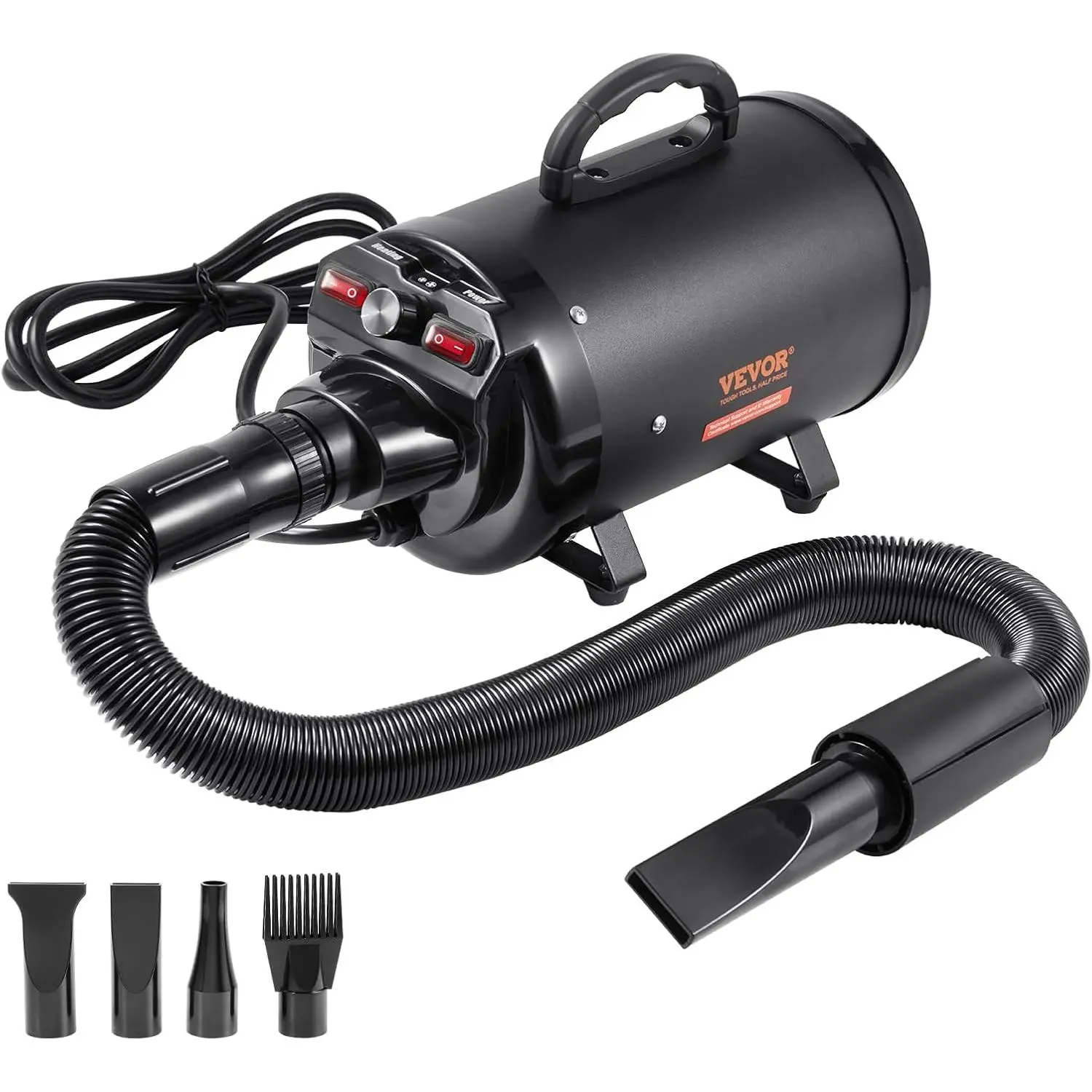VEVOR Dog Dryer, 2800W/4.3 HP Dog Blow Dryer, Pet Grooming Dryer with Adjustable Speed and Temperature Control, Pet Hair Dryer with 4 Nozzles and Extendable Hose (Black)