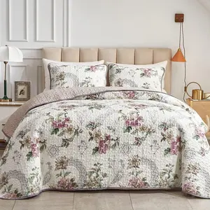 3 Pieces Set Full/Queen Size, Beige Floral Reversible Bedspread Coverlet Set, Soft Microfiber Lightweight Bed Cover for All Season (90" x 90", 1+ 2 Pillow Shams)