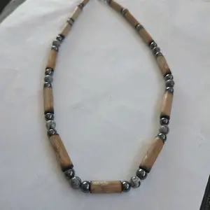 Bamboo Jewelry Handmade 18in Choker Necklace with Grey Speckled & Hematite Beads No Plastic Wearable in Shower & Swimming