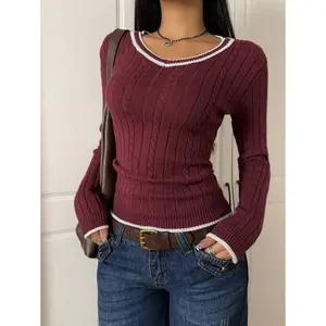 Casual wine-red sweater with contrast trim, V-neck, long sleeves; simple design for everyday wear in autumn and winter; suitable as a school top