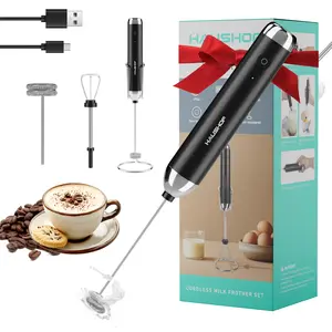 HAUSHOF Powerful Rechargeable Milk Frother Wand with Stand, Handheld Electric Foam Maker, Drink Mixer with 2 Detachable Stainless Steel Whisks 2 Speeds for Coffee Latte, Cappuccino, Matcha, Black
