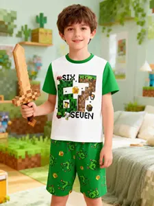 Kids Cute 67 Cartoon Short Sleeve and Shorts Set, Adorable Number Print Comfortable Sleepwear for All Seasons, Essential Homewear for Children