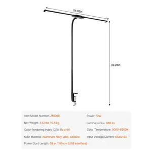 VEVOR LED Desk Lamp with Clamp, Double Head Architect Desk Lamp for Home Office, Eye-Caring Desk Light with 360 Adjustable Gooseneck, 50 Lighting Modes Timer Function for Studying Working Drawing