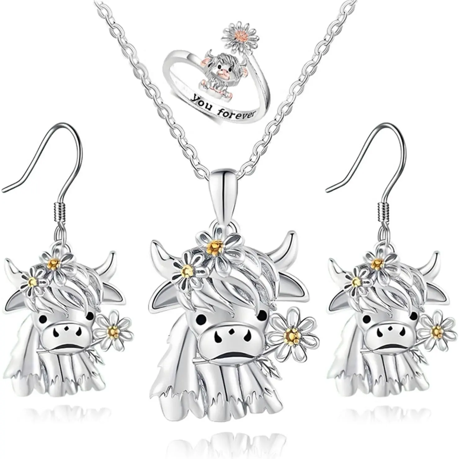 Highland Cow Ring Earring Necklace Set for Women Rose  Bows Infinity Heart Ring Pendant Necklace Cute   Set for Holiday Gifts
