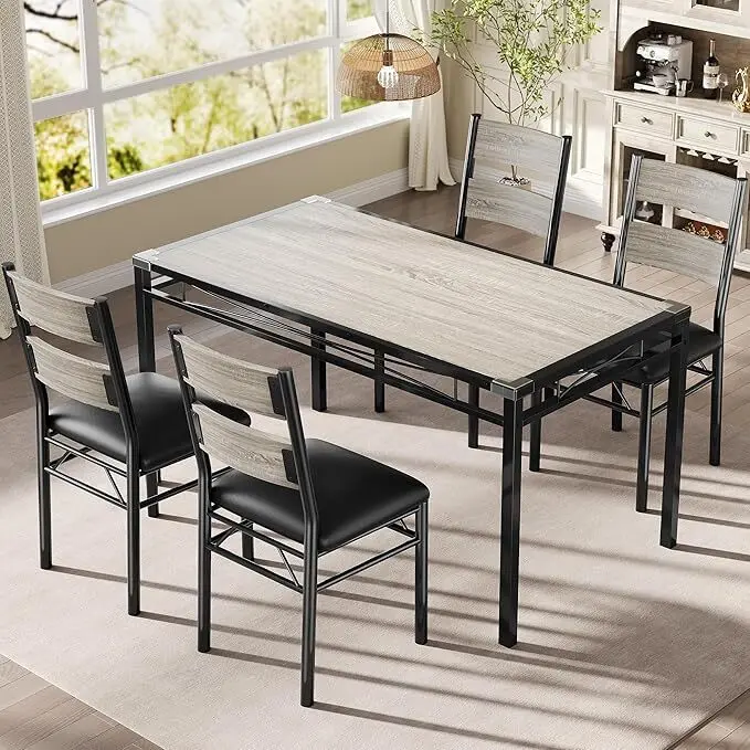 Dining Table Set for 4 with Corner Protector, Kitchen Table with 4 Upholstered Chairs, for Small Space, Dining Room, Apartment，Retro Gray