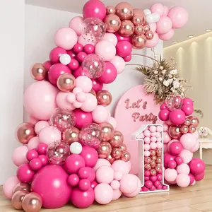 Colorful Pink Balloon Arch Kit,Hot Pink Balloons Arch Garland Kit with Hot Pink Balloons,White Metallic Rose Gold Confetti Balloons for Girls Birthday Party,Baby Shower Decoration,Wedding,Bridal Shower