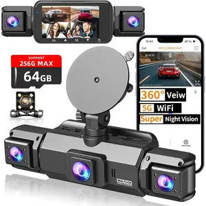 4   Cam Front and Rear Cabin, 360  Camera, Night Vision 8 IR Lamps for , 5G WiFi for Download, G-Sensor, 24H/7 Parking Mode with 64GB Card, Support 256 GB Max