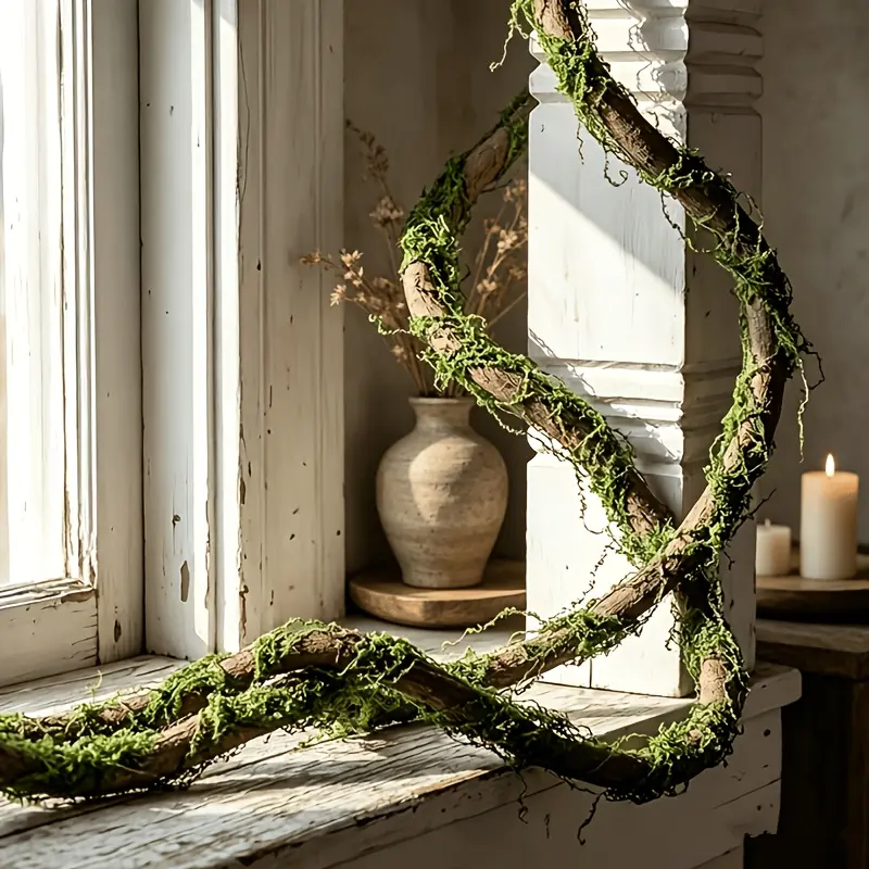 2 Pcs 118in Large Bendable Artificial Tree Branches with Moss, Realistic Fake Moss Vines Climber for Enchanted Forest Theme, Jungle Party, Garden Landscape, Home Decor and Reptile Habitat Decoration