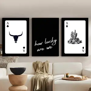 3pcs/Set Frameless Canvas Wall Art - Vintage Cowboy & Playing Card Pattern, Modern Western Aesthetic Poster, Minimalist Home Decor, Suitable For Living Room, Bedroom, Apartment, Bar, Office