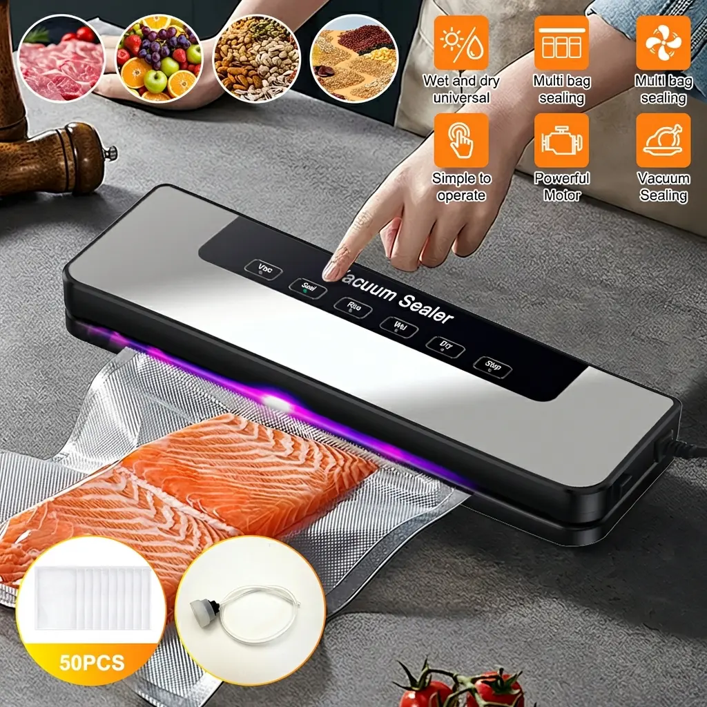 Vacuum Sealer Kit 65kPa, Includes 50 Vacuum Sealing Bags, Features Dual Dry/wet Modes, 6-in-1 Sealer Suitable for Storage And Sous Vide Cooking, Automatic Sealing Machine,Extends Food Freshness By 5 Times,  A Modern Vacuum Sealing Device