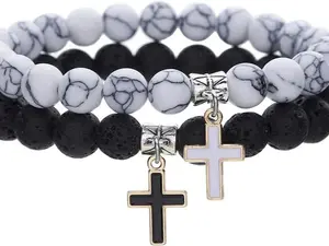Matte Lava Rock Beaded Couple Bracelet Set for Women Men Black White 8mm Howlite Natural Volcanic Stone Matching Beads Elastic Cross Pendant