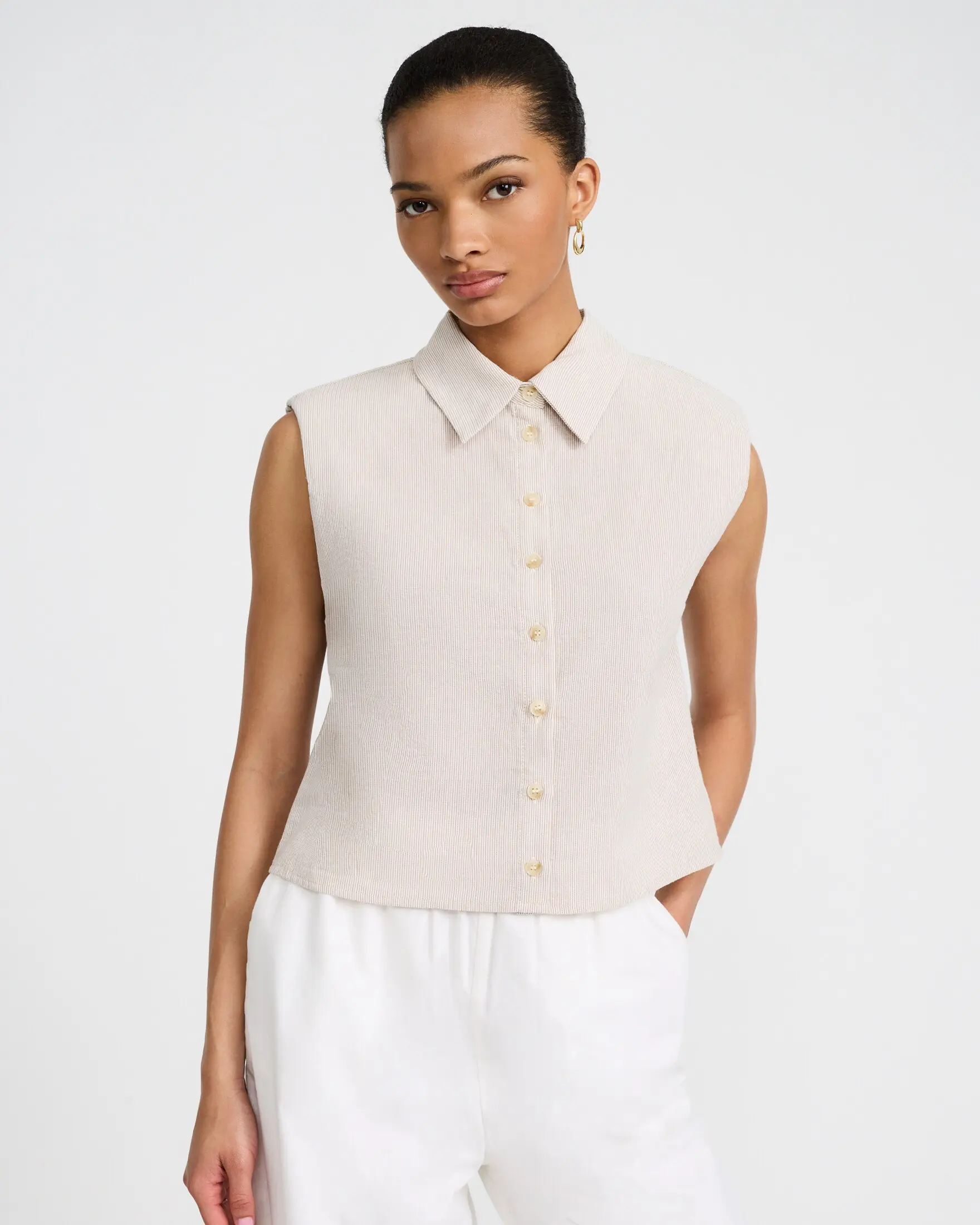 Express Cotton Striped Padded Shoulder Sleeveless Shirt, Elevated Look, Shirt Blouse