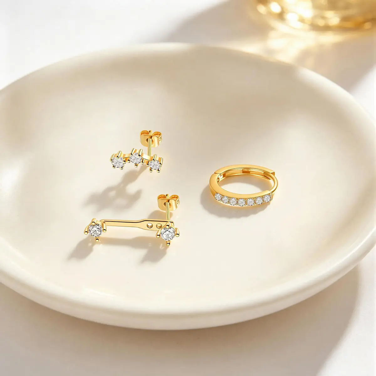 2pcs 18K Gold Plated Ear Stack Earrings Set of 3, Cubic Zirconia Ear Climber Studs & Pave CZ Small Huggie Hoops, Hypoallergenic Stackable Cartilage Piercing Jewelry for Women Girls Daily Outfit