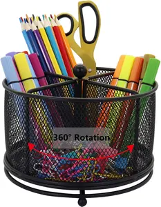 Pen Holder for Desk, 360 Rotating Mesh Pencil Organizer Marker Storage , Black Large Capacity Desktop Stationery Organizer, 4 Compartments for  Office School  Art Supplies