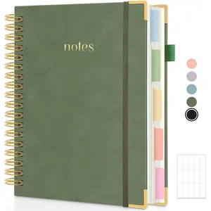 Hardcover Spiral Notebook, 300 Pages 8" x 10" College Ruled Notebook for Work with Dividers & Pockets, 5 Subject Notebook Journals for Women, Double Wire Bound, Tab Stickers Included, Green