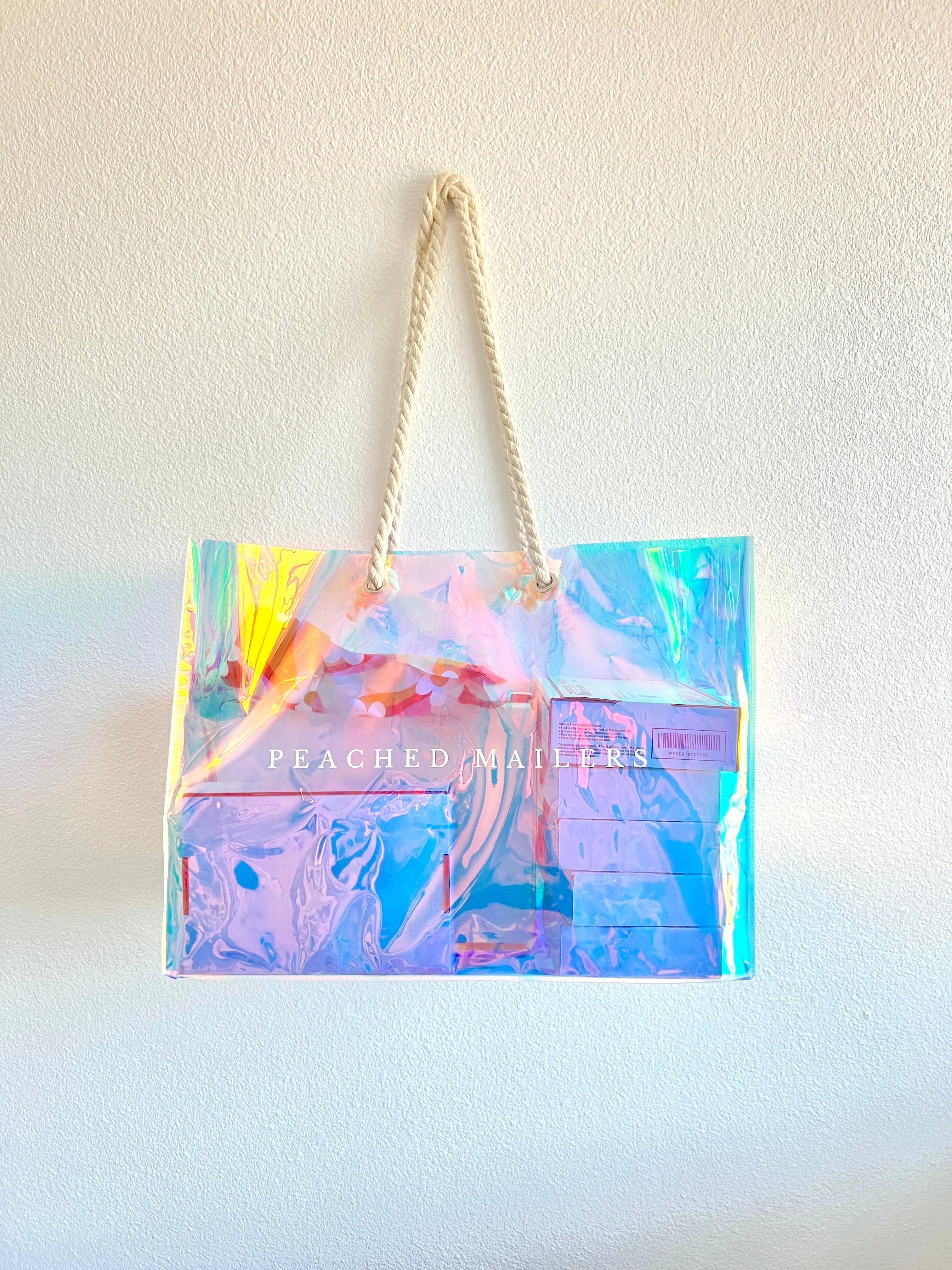X-Large Iridescent Tote Bag - Post Office Run Bag for Shipping Packages - Clear PVC Tote Bag with Rope Handles by Peached Mailers
