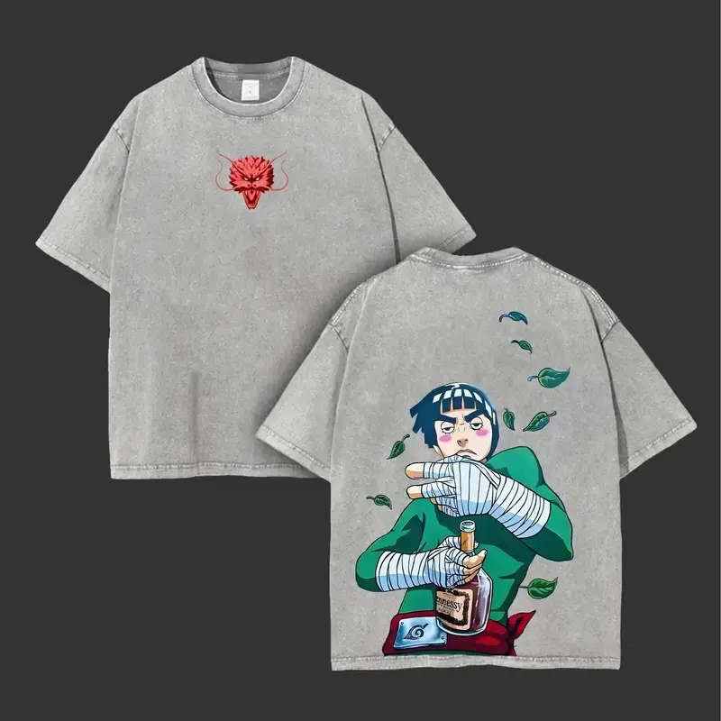 Maito Gai/Might Guy - Naruto Anime Double Printed Vintage Washed Tee Unisex Oversize Anime Manga Washed Heavyweight Cotton T-shirt, Gift For Anime Fan, Anime Lover