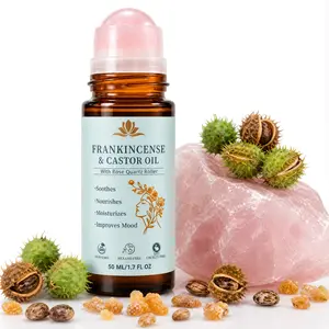 Organic Castor Oil & Frankincense Resin with Rose Quartz Roller, 100% Pure Cold-Pressed, Firms Skin, Reduces the Look of Fine Lines, Supports Hormonal Balance for Face, Neck & Abdomen (1.7oz)