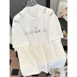 Men's Novelty T-Shirt, American High Street Heavyweight Metal Structure Short Sleeve Loose Fit Tee, Designer Drop Shoulder T-Shirt, Cool and Swaggerly Short Sleeve Top, In Stock
