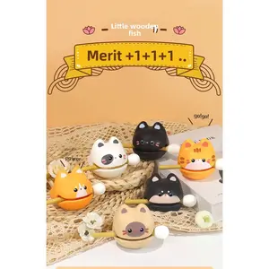 Wooden Fish Drum Percussion Instrument,Mind Calming Desktop Ornament Animal Figurine Toy Plastic Lucky Cat Musical Instrument