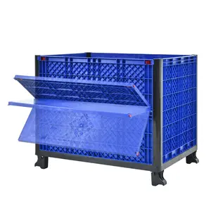 Foldable bulk container with doors, solid walls, total capacity of 600 pounds, stacked 4 layers, total weight of 2000 pounds, space saving when folded, super durable for warehouse/logistics loading, blue color