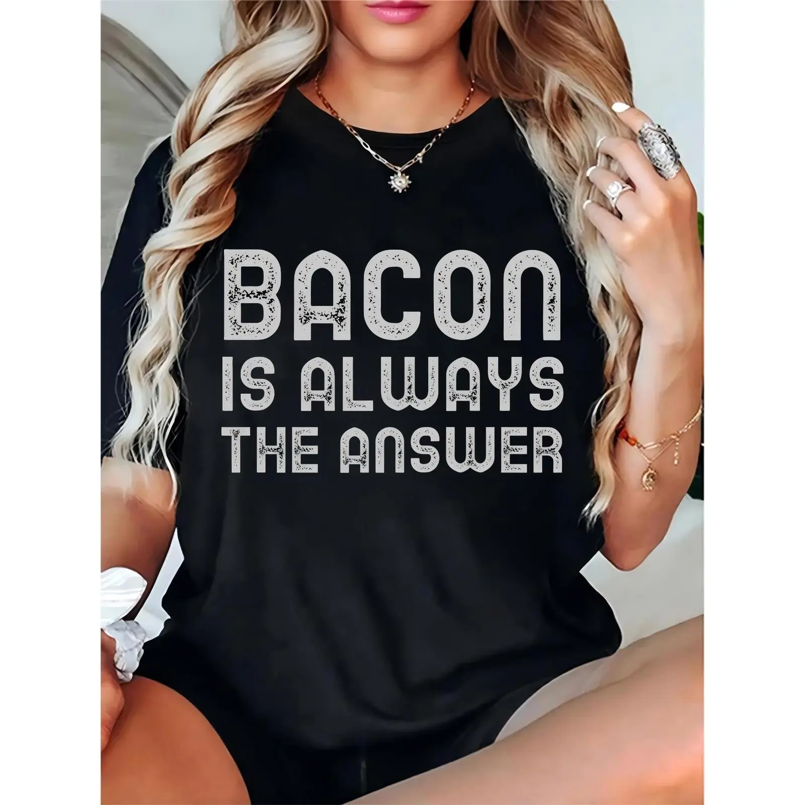 Women's Crew Neck Short-Sleeve Lightweight Breathable Cotton T-Shirt - Distressed "Bacon Is Always The Answer" Print, Casual Foodie Top for Everyday & Brunch Outings, Shortsleeve, Comfortable, Skirts, Fit, Round Neck, Relaxed Fit