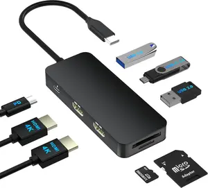 USB C Docking Station Dual  for // Laptop, Dual HDMI Adapter for 2 Monitors, HDMI Splitter for Dual Monitors Extended Display, 8 in 1 USB C Hub Multiport Adapter with HDMI/USB/PD/SD/TF