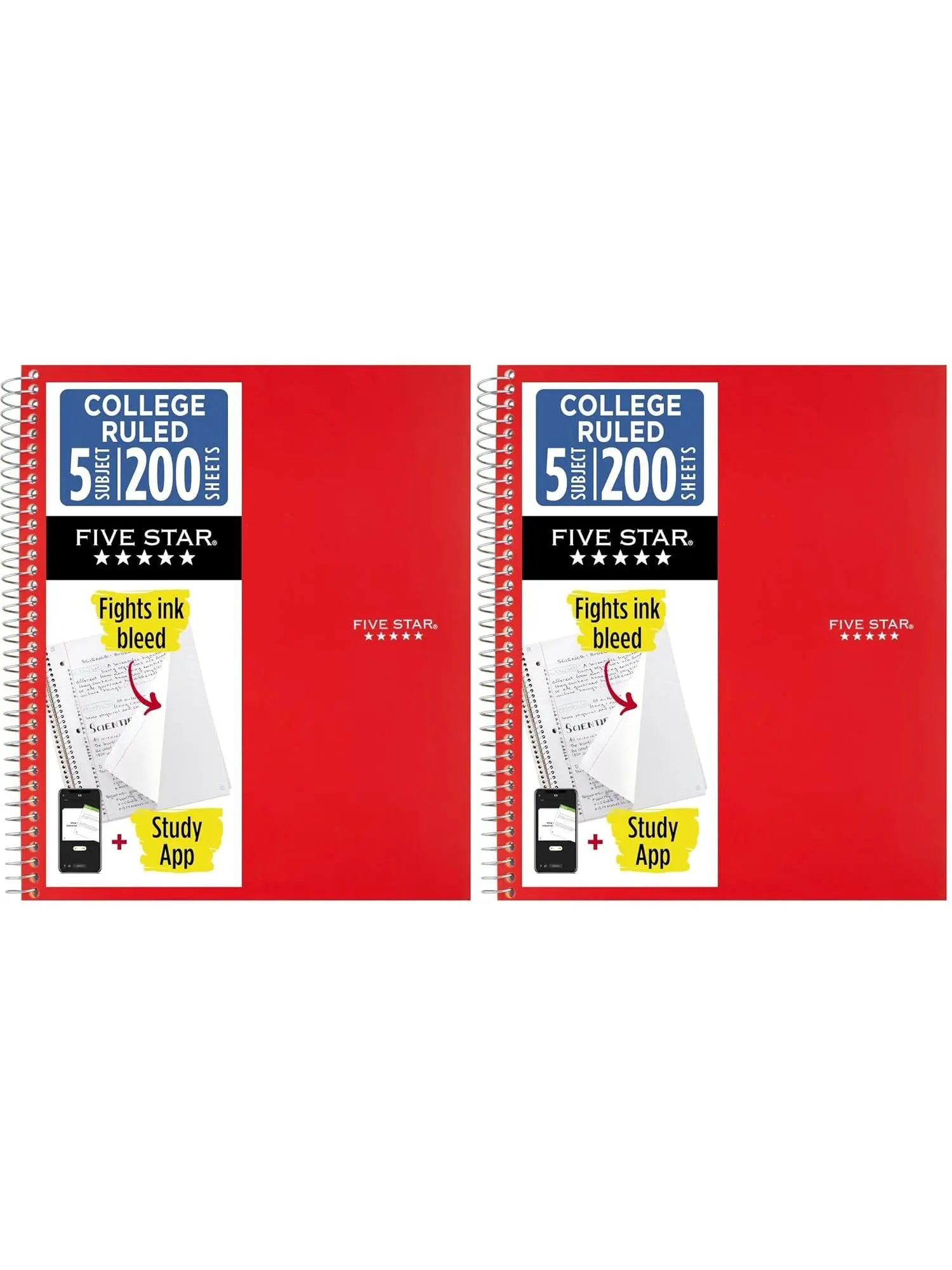 Five Star Spiral Notebook + Study App, 5 Subject, College Ruled Paper, 8-1/2" x 11", 200 Sheets, Fights Ink Bleed, Water Resistant Cover, Black (72081)
