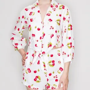 Cherry Set - White Top with Red Cherry Prints, Long Sleeves, V-Neck, and Tie Waist Design