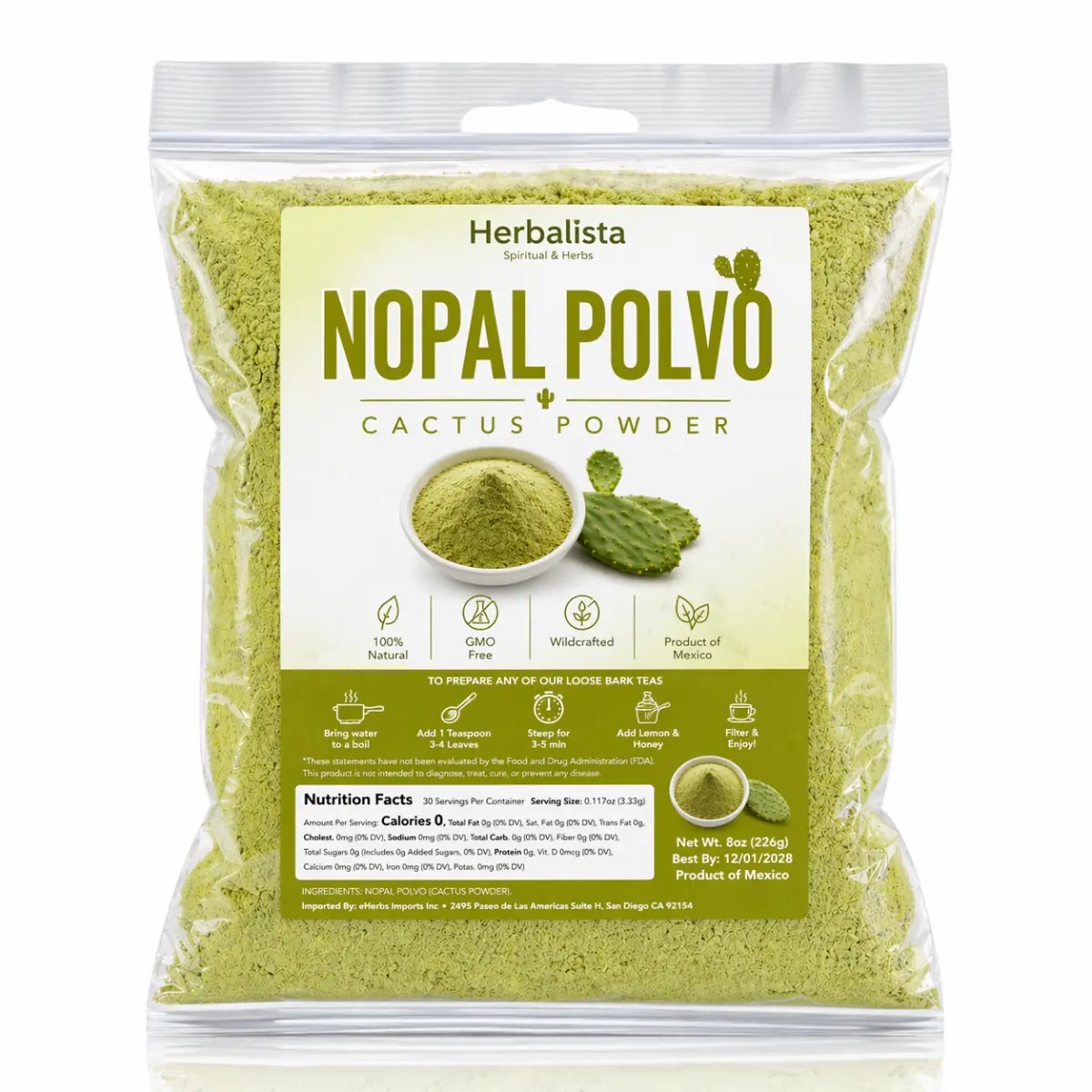 Premium Wildcrafted Nopal (Mexican Cactus) Powder Organic Tea Beverage - 8oz (226g) Instant Herbal Tea, 100% Natural, Vegan, Vegetarian, Non-GMO, Gluten-Free, Earthy Traditional Infusion for Adults